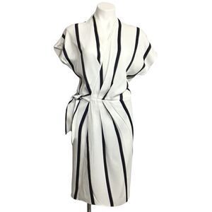 Equipment Leonce White Striped Bow Detail Short-Sleeve Wrap Dress